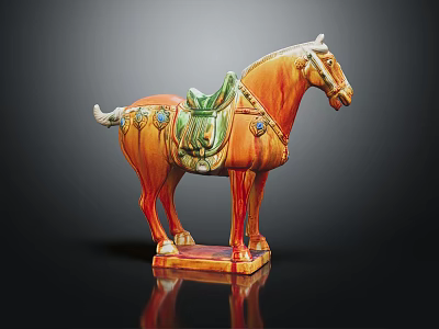 Traditional Tri Color Glazed Ceramic Horse Artwork With Green Saddle And Orange Body 3d model