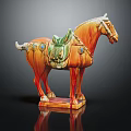 Traditional Tri Color Glazed Ceramic Horse Artwork With Green Saddle And Orange Body
