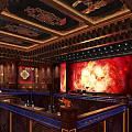 Traditional Ornate Bar Interior With Carved Ceiling Wooden Panels And Decorative Art