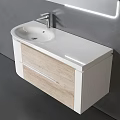 Modern Bathroom Sink Vanity With Wood And White Cabinet And Illuminated Mirror