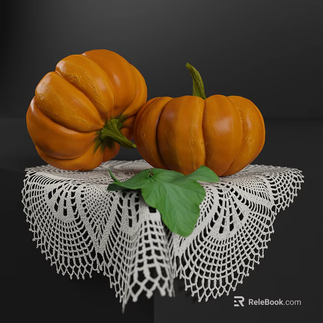 Fresh Orange Pumpkins Placed on White Lace Tablecloth with Green Leaf 3d model 