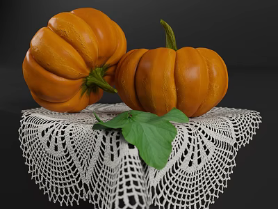 Fresh Orange Pumpkins Placed on White Lace Tablecloth with Green Leaf 3d model