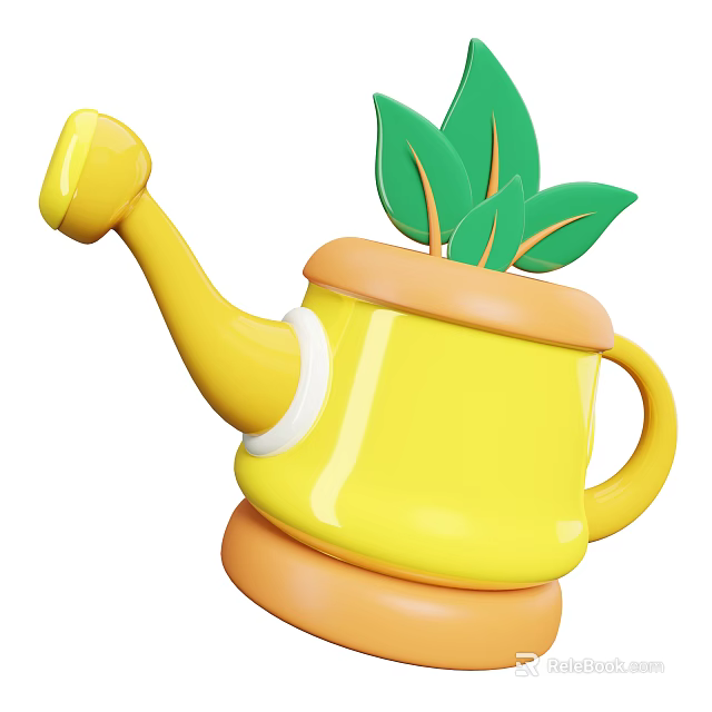 Cute Decorative Ornament Set with Yellow Watering Can Green Leaves Orange Base for Home Decor 3d model 