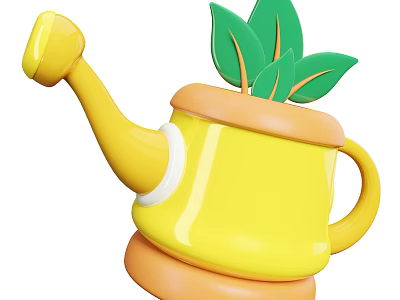 Cute Decorative Ornament Set with Yellow Watering Can Green Leaves Orange Base for Home Decor 3d model