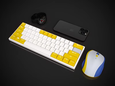 Modern Desktop Computer Accessories Featuring Colorful Keyboard Mouse Smartwatch And Smartphone 3d model