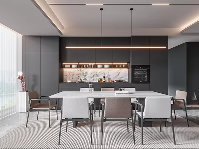Modern Restaurant Interior Design With Rectangular Dining Table Grey Chairs And Pendant Lights 3d model