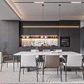 Modern Restaurant Interior Design With Rectangular Dining Table Grey Chairs And Pendant Lights