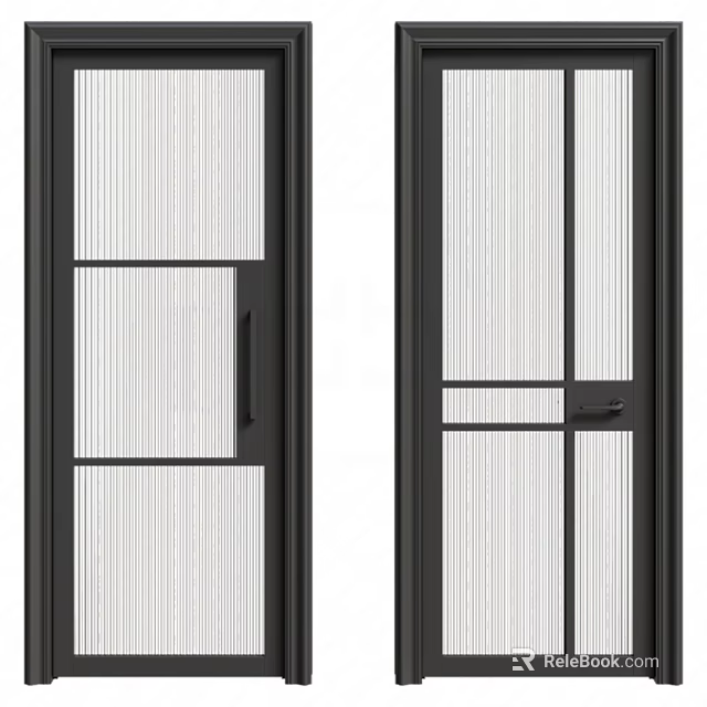 Modern Hinged Doors With Black Frames And Vertical Striped Glass Panels 3d model