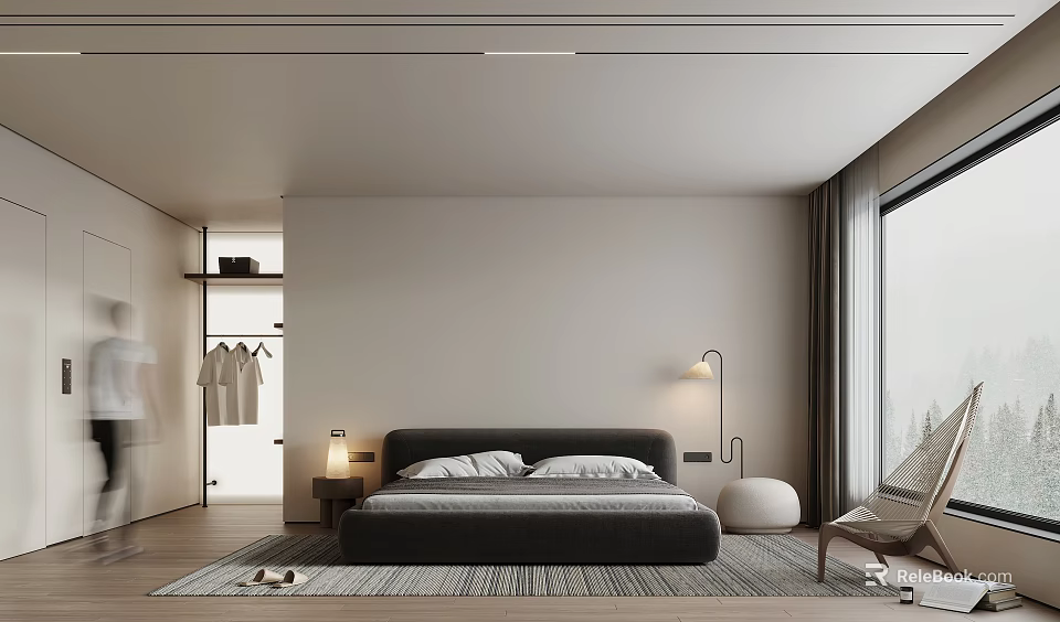Modern Bedroom Interior with Dark Bed White Pillows Nightstand Floor Lamp Rattan Chair and Open Closet 3d model 