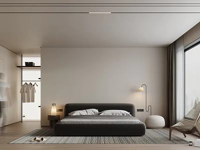 Modern Bedroom Interior with Dark Bed White Pillows Nightstand Floor Lamp Rattan Chair and Open Closet 3d model