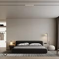 Modern Bedroom Interior with Dark Bed White Pillows Nightstand Floor Lamp Rattan Chair and Open Closet