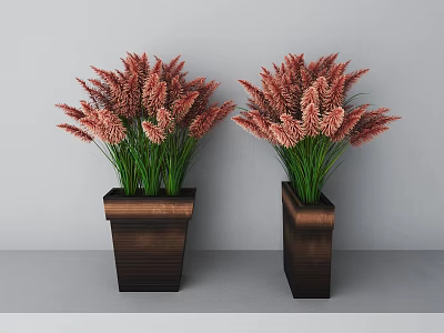 Bonsai Potted Plants With Pink Flowers Green Leaves In Brown Square Pots On Gray Background 3d model