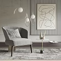 Gray Contemporary Accent Chair with Checkered Pillow Abstract Painting and Pendant Lights