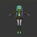 3D Model Girl With Long Blue Hair In Brown School Uniform And White Shoes