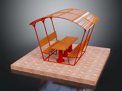 Functional Outdoor Table With Red Metal Frame Transparent Canopy And Benches On Brick Paved Floor 3d model