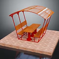 Functional Outdoor Table With Red Metal Frame Transparent Canopy And Benches On Brick Paved Floor