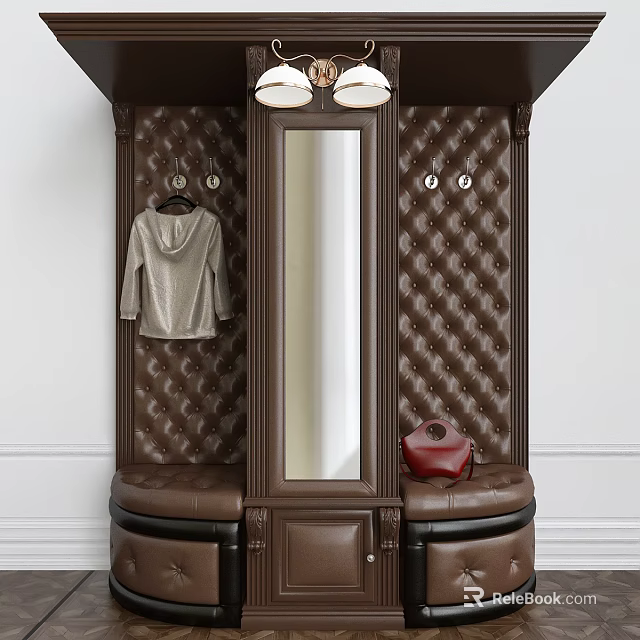 Brown Leather Quilted Shoe Cabinet With Mirror Coat Hooks Bench And Red Bag Storage 3d model 