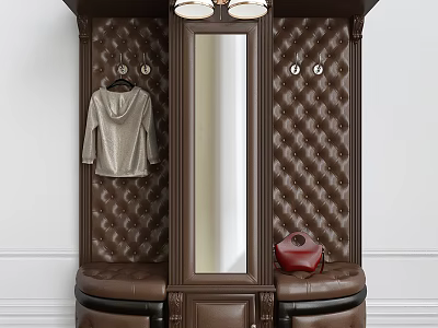 Brown Leather Quilted Shoe Cabinet With Mirror Coat Hooks Bench And Red Bag Storage 3d model