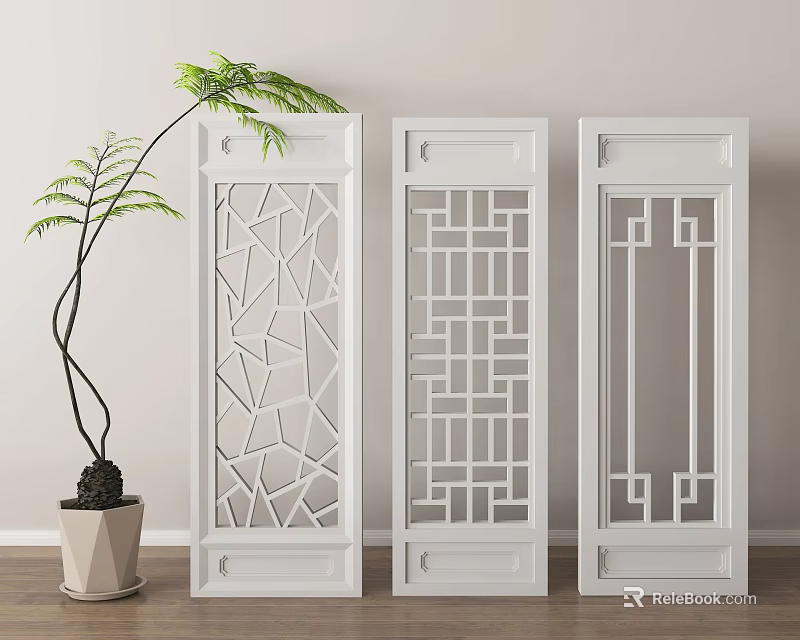 White Decorative Room Dividers With Carved Patterns And Indoor Green Plant 3d model 