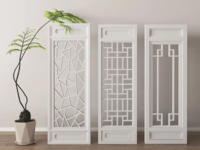 White Decorative Room Dividers With Carved Patterns And Indoor Green Plant 3d model
