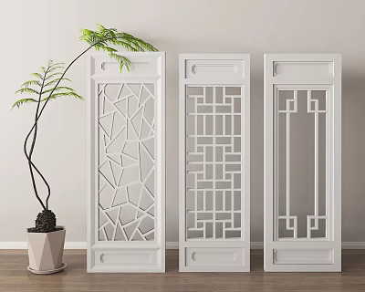 White Decorative Room Dividers With Carved Patterns And Indoor Green Plant 3d model