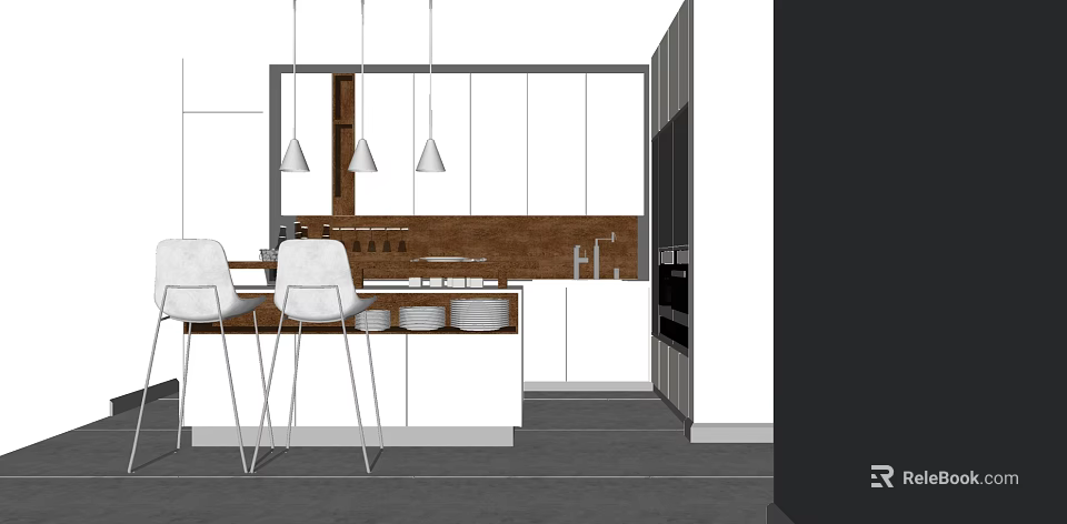 Modern Kitchen Interior Design With Hanging Lights Island And White Cabinets 3d model