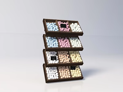 Wooden Multi Tiered Display Shelf With Layered Design Displaying Colorful Candies 3d model