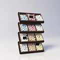 Wooden Multi Tiered Display Shelf With Layered Design Displaying Colorful Candies