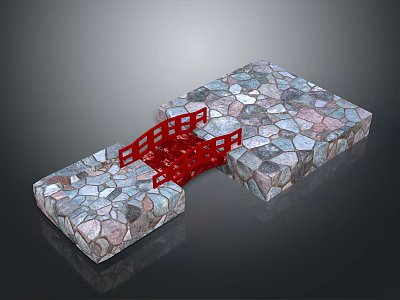 Stone Architectural Structure With Red Metal Frame Connecting Two Stone Platforms 3d model