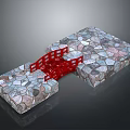 Stone Architectural Structure With Red Metal Frame Connecting Two Stone Platforms