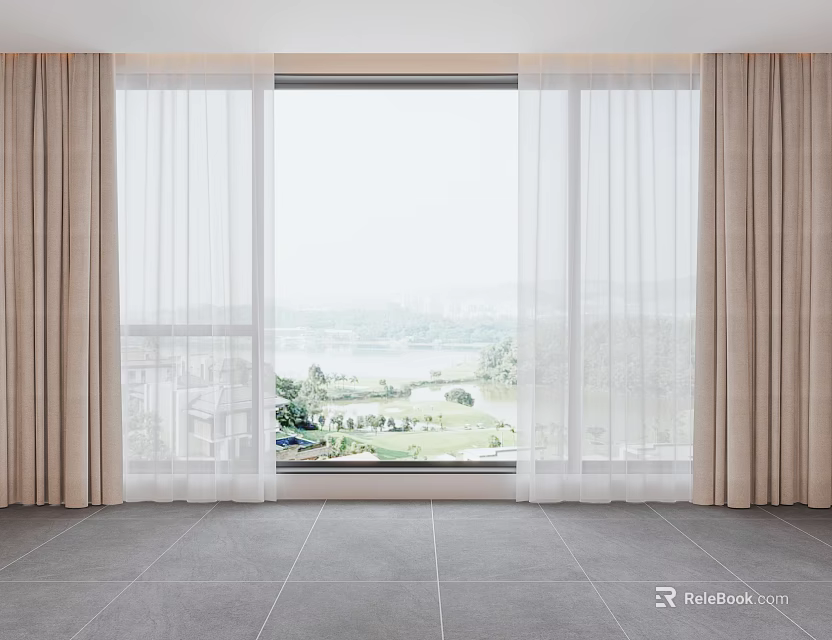 Modern Beige Curtains With White Sheer Panels For Window With Natural View 3d model 