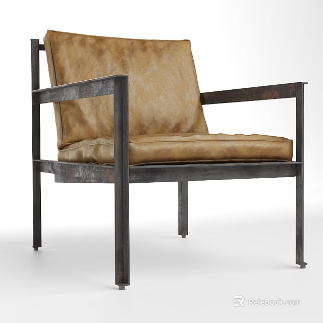Vintage Brown Leather Leisure Chair With Black Metal Frame Armrests And Comfortable Seat 3d model 