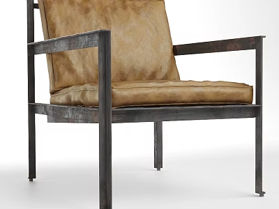 Vintage Brown Leather Leisure Chair With Black Metal Frame Armrests And Comfortable Seat 3d model