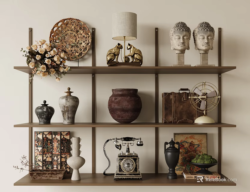 Elegant Decorative Ornament Set With Vases Buddha Heads Lamp And Floral Arrangement On Shelf 3d model 