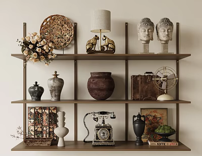 Elegant Decorative Ornament Set With Vases Buddha Heads Lamp And Floral Arrangement On Shelf 3d model