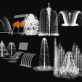 Garden Landscape Featuring Various Fountains With Different Shapes And Orange Accents