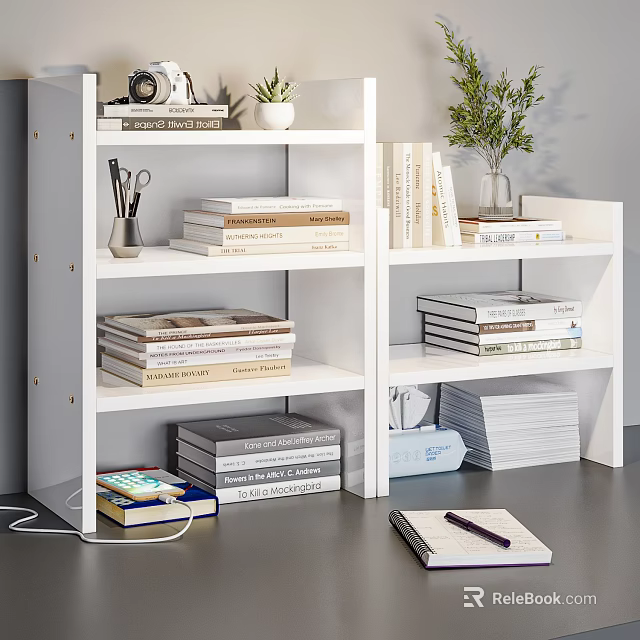 White Storage Shelving Unit with Books Potted Plant Folders Notebook and Pens for Home Office 3d model 