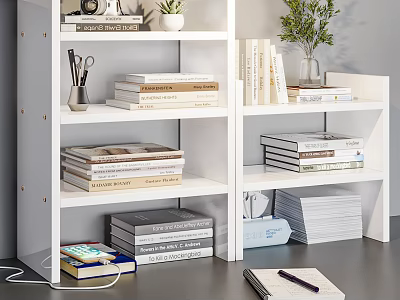 White Storage Shelving Unit with Books Potted Plant Folders Notebook and Pens for Home Office 3d model