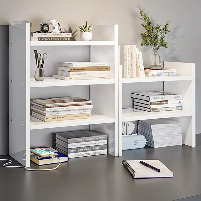 White Storage Shelving Unit with Books Potted Plant Folders Notebook and Pens for Home Office 3d model