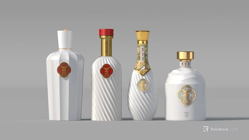Elegant White Wine Bottles with Gold Red Caps and Decorative Emblems Design 3d model 