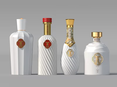 Elegant White Wine Bottles with Gold Red Caps and Decorative Emblems Design 3d model