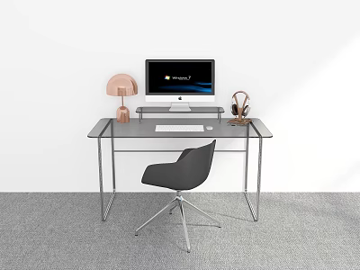 Modern Glass Top Desk with Metal Frame Computer Monitor and Black Chair 3d model