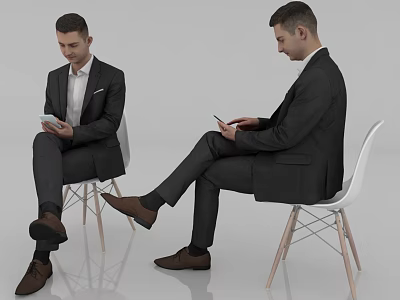 Men In Suits Sitting On Chairs Using Smartphones 3d model