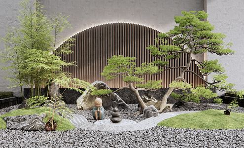 New Chinese style landscape sketch courtyard landscape sketch Zen landscape wall stone pine tree bamboo 3d model