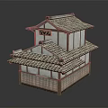 Traditional Japanese Hotel Building With Two Stories Tile Roof And Wooden Structure