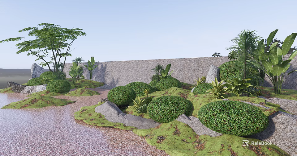 Lush Green Shrubs In Garden With Stream Stones Mossy Ground And Tall Trees 3d model 
