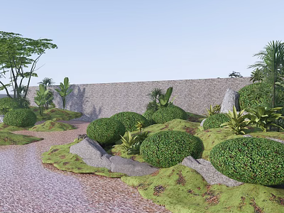 Lush Green Shrubs In Garden With Stream Stones Mossy Ground And Tall Trees 3d model