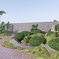 Lush Green Shrubs In Garden With Stream Stones Mossy Ground And Tall Trees