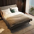 Cozy Double Bed with White and Green Pillows Wooden Wall and Sea View Window
