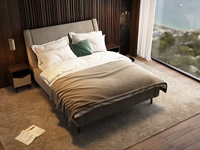 Cozy Double Bed with White and Green Pillows Wooden Wall and Sea View Window 3d model